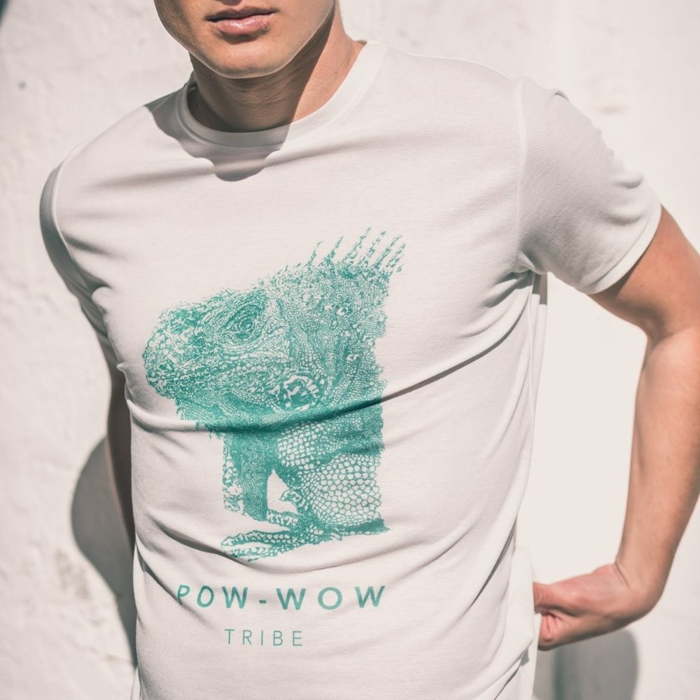 POW WOW Tribe Tan Through T-Shirt Green Logo